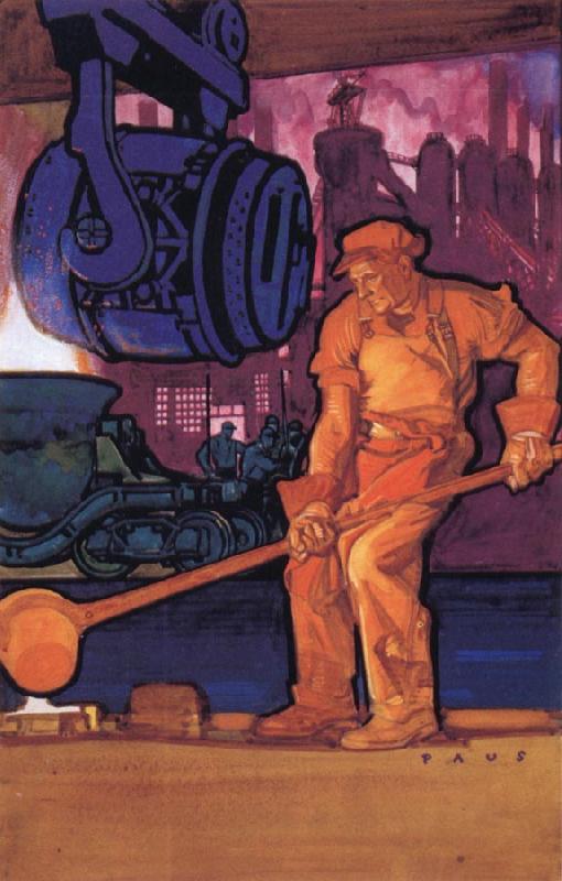 Herbert Paus Pouring molten steel at the Foundary oil painting image